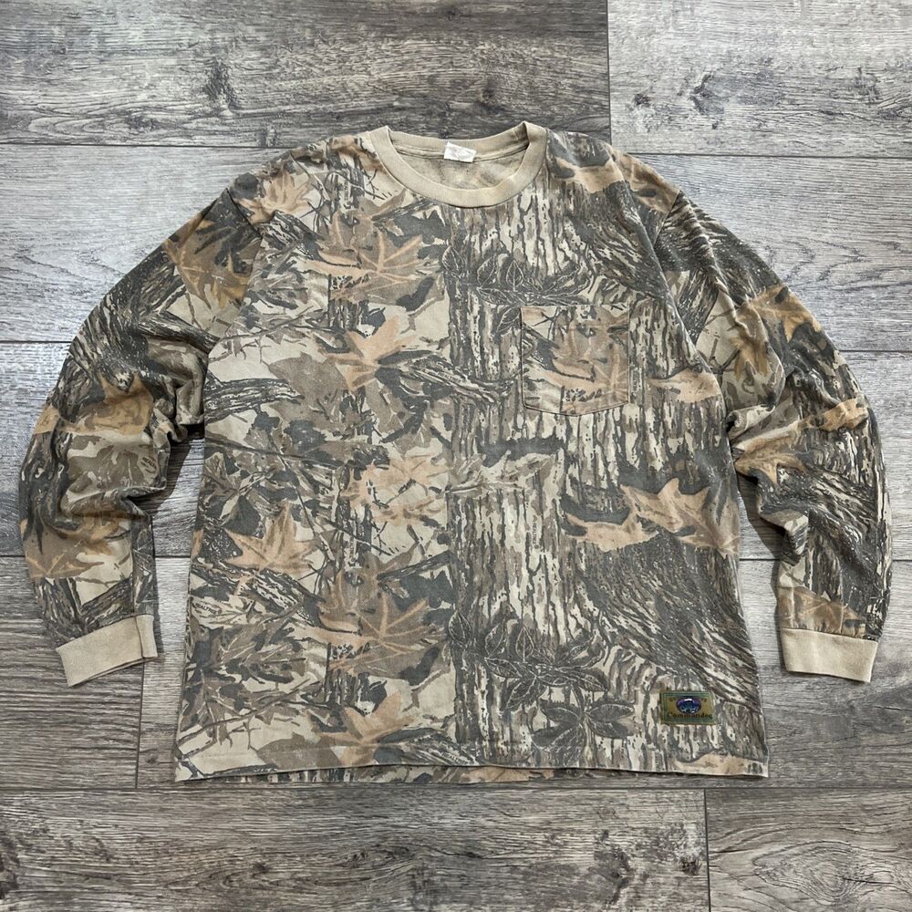 Vintage 90s Commander Camouflage Camo Hunting Pocket T-Shirt Long Sleeve - Large